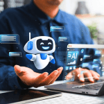 Professionnel utilisant un ordinateur portable avec un assistant virtuel sous forme de petit robot 3D flottant au-dessus de sa main, entouré d'écrans de données virtuels.