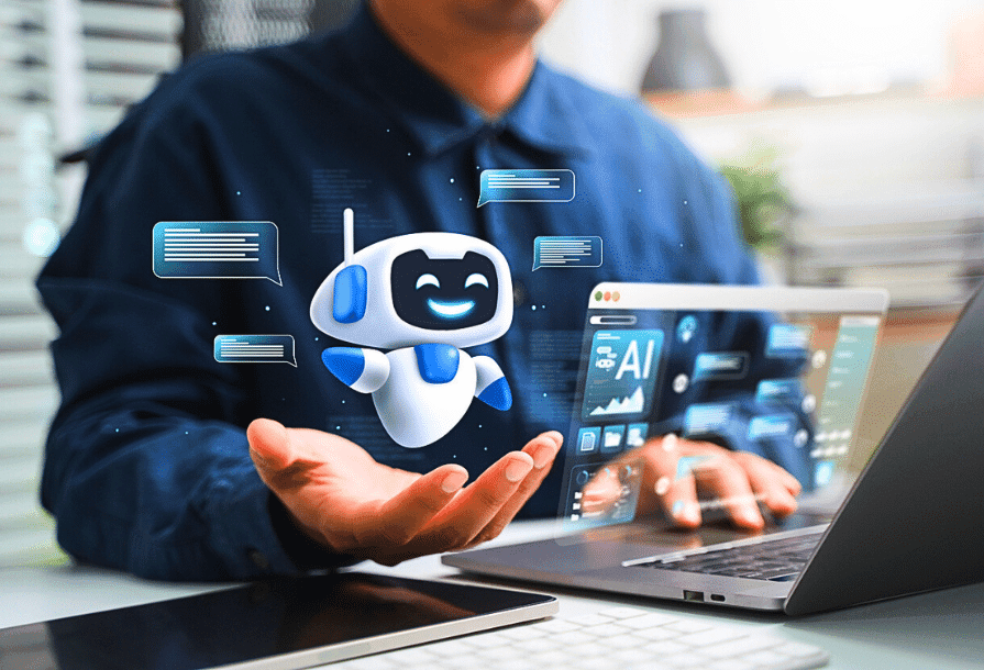 Professionnel utilisant un ordinateur portable avec un assistant virtuel sous forme de petit robot 3D flottant au-dessus de sa main, entouré d'écrans de données virtuels.